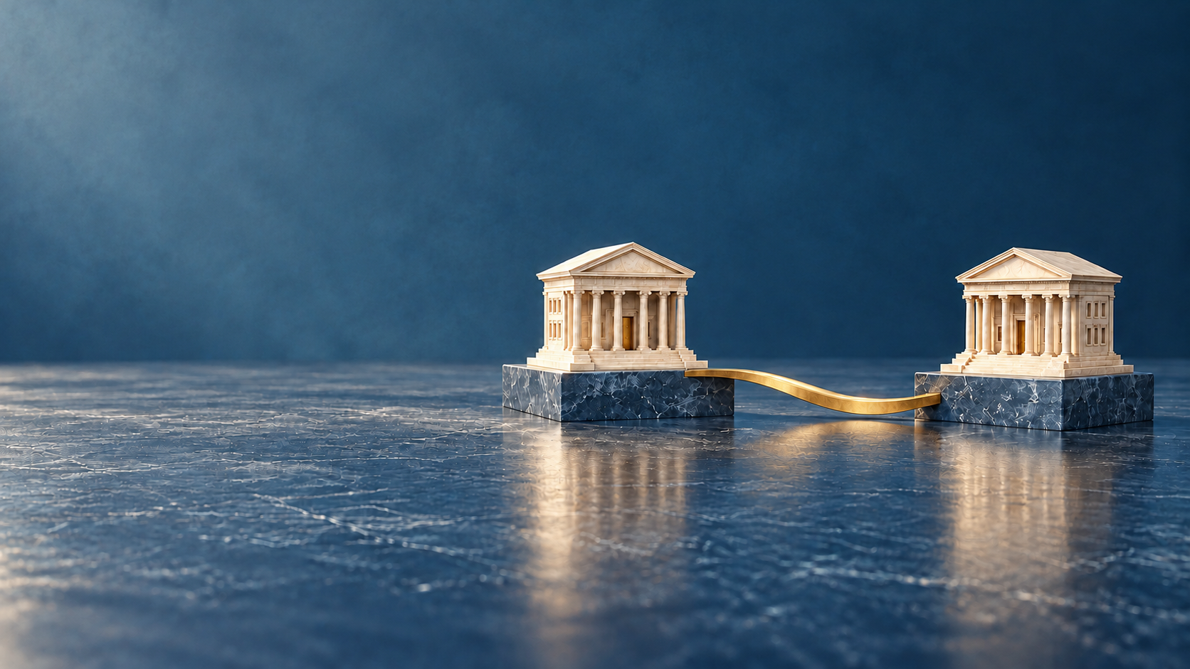 Two miniature ivory courthouses on blue stone bases connected by a brass bridge.