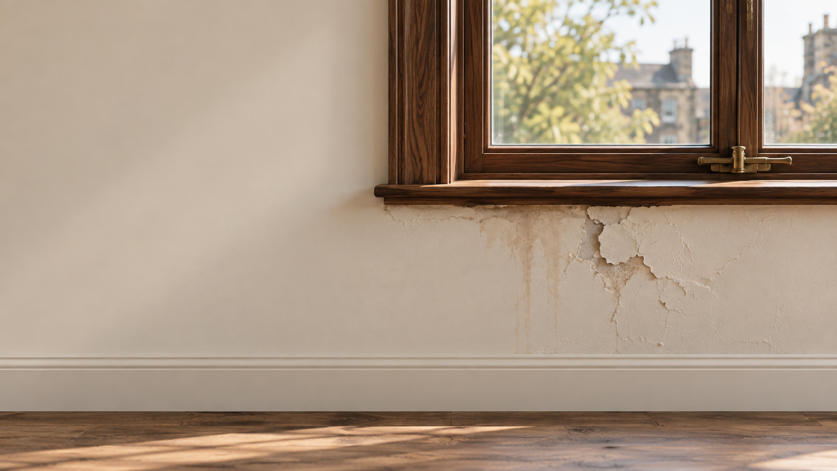 Water-stained and cracked plaster beneath a wooden window.