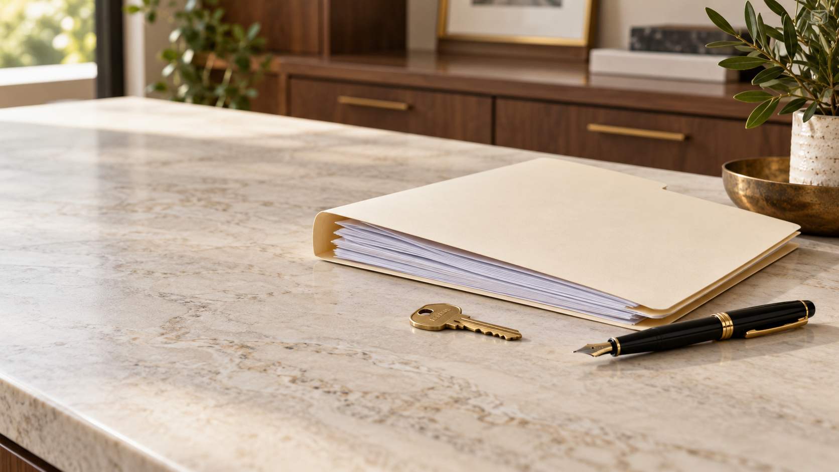 A folder of documents, a brass house key, and a fountain pen on a stone counter.