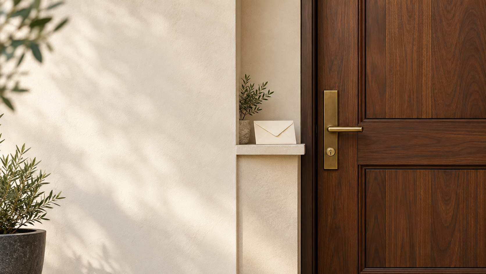 A cream envelope on a shelf beside a walnut front door with a brass handle.