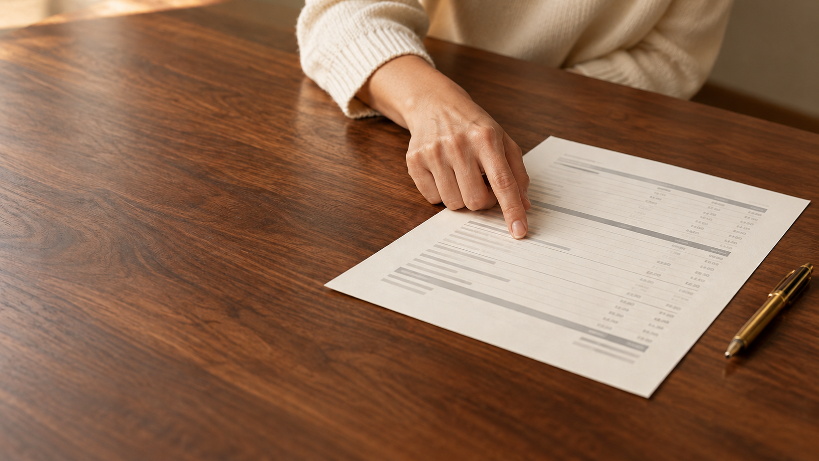 A hand points to an entry on a financial statement on a walnut table.