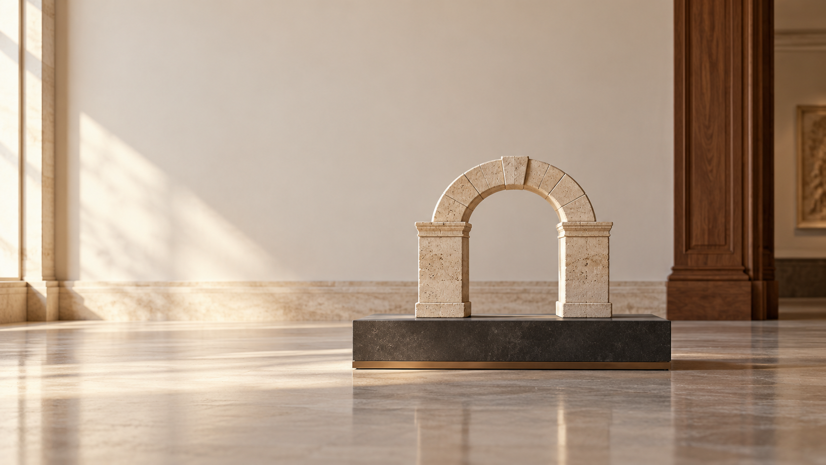 A small limestone arch supported by two stone piers on a dark plinth.