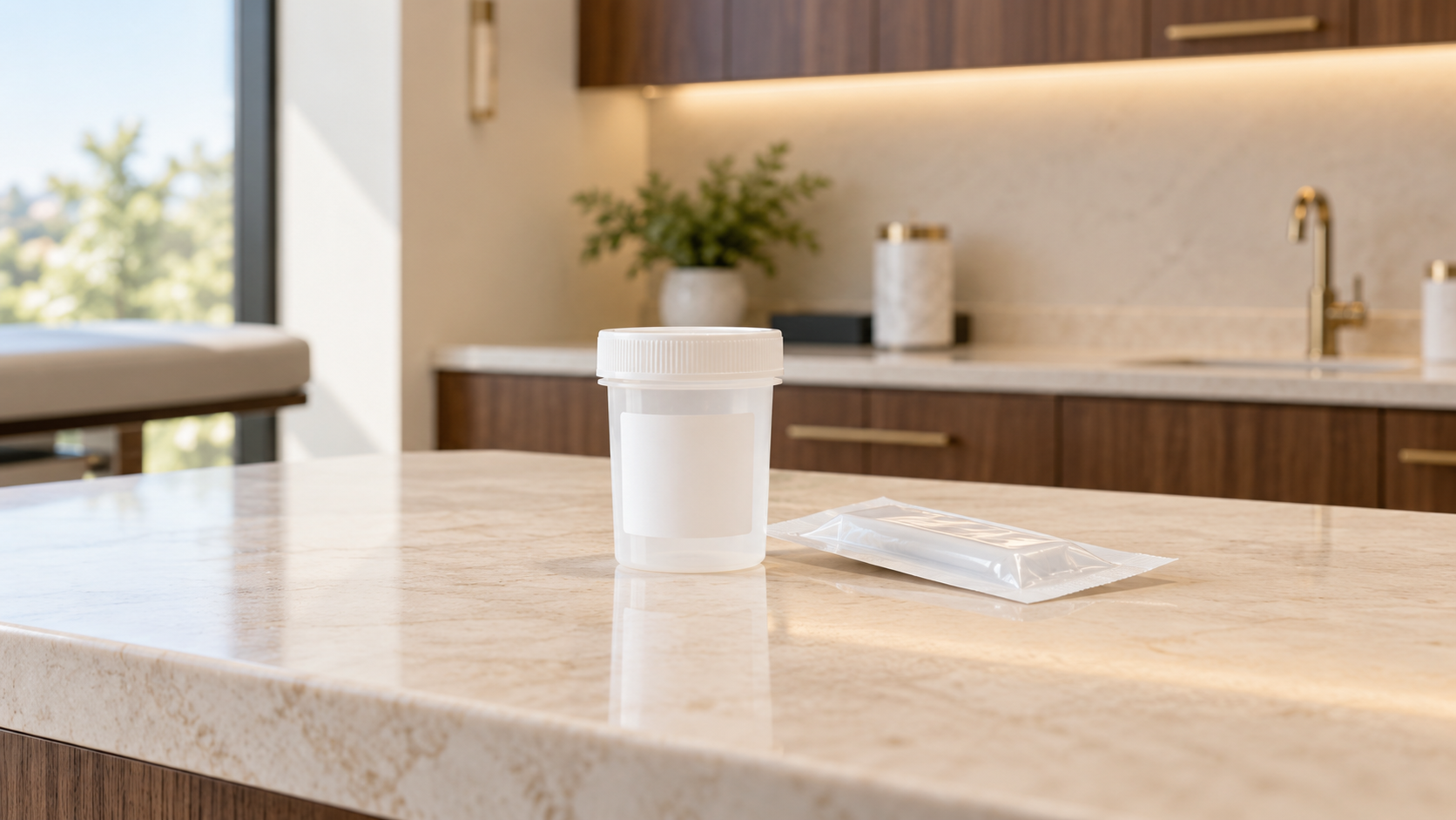 A closed specimen container and sealed collection supplies on a cream clinic counter.