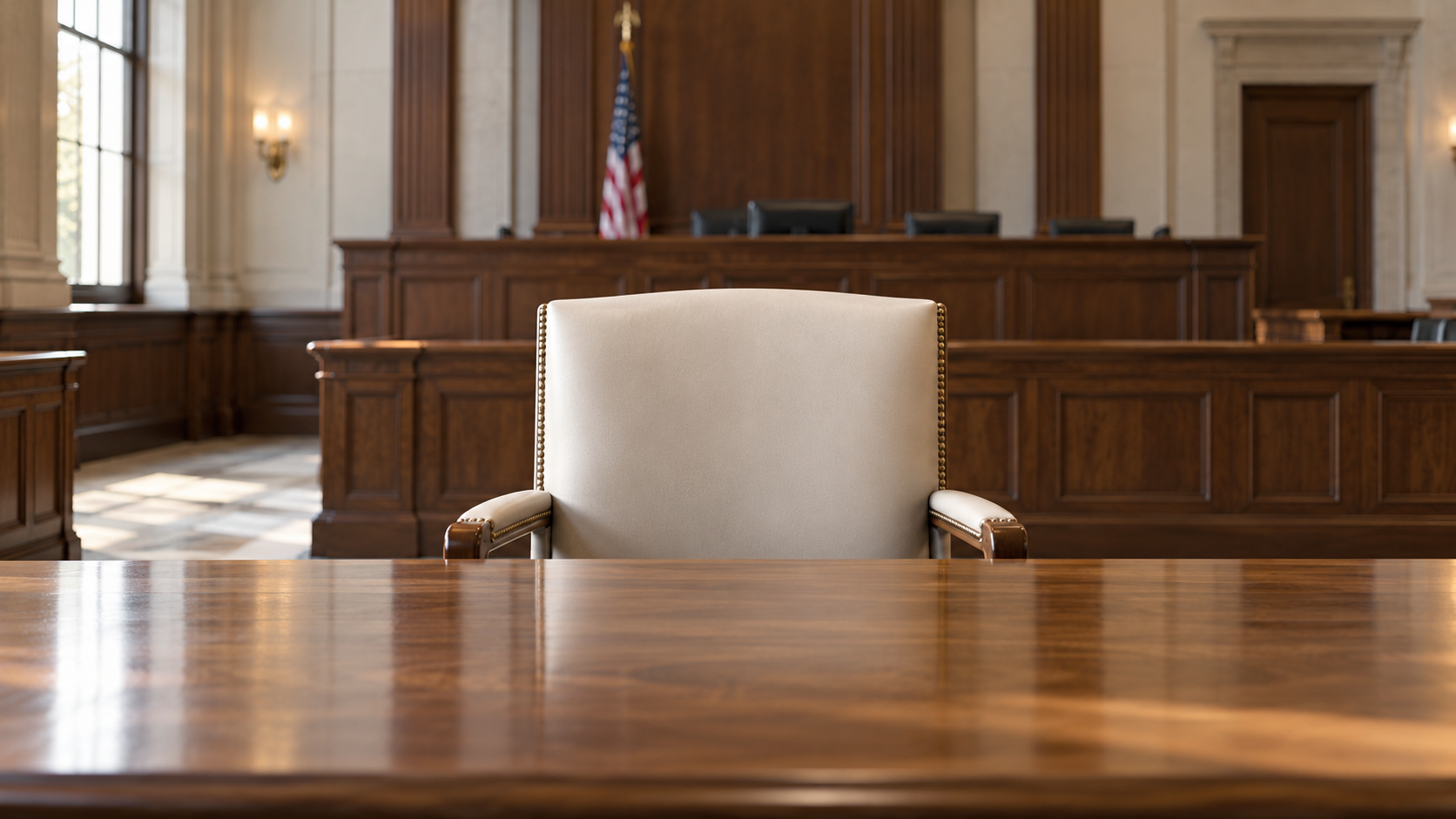 An empty cream chair at a walnut counsel table in a quiet courtroom.