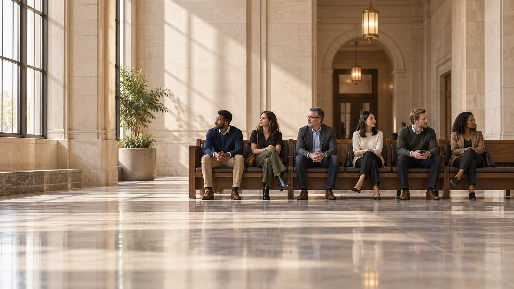 Six adults seated on wooden benches in a sunlit courthouse waiting area.