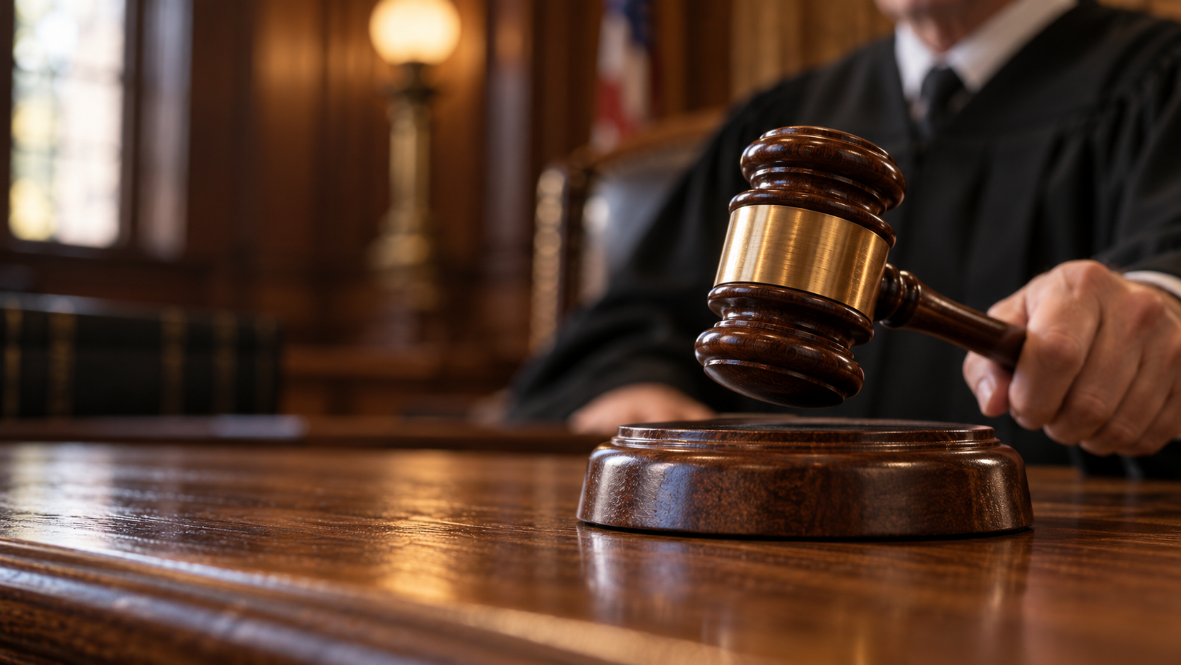 Wooden gavel poised above a sounding block, with a judge blurred in the background.