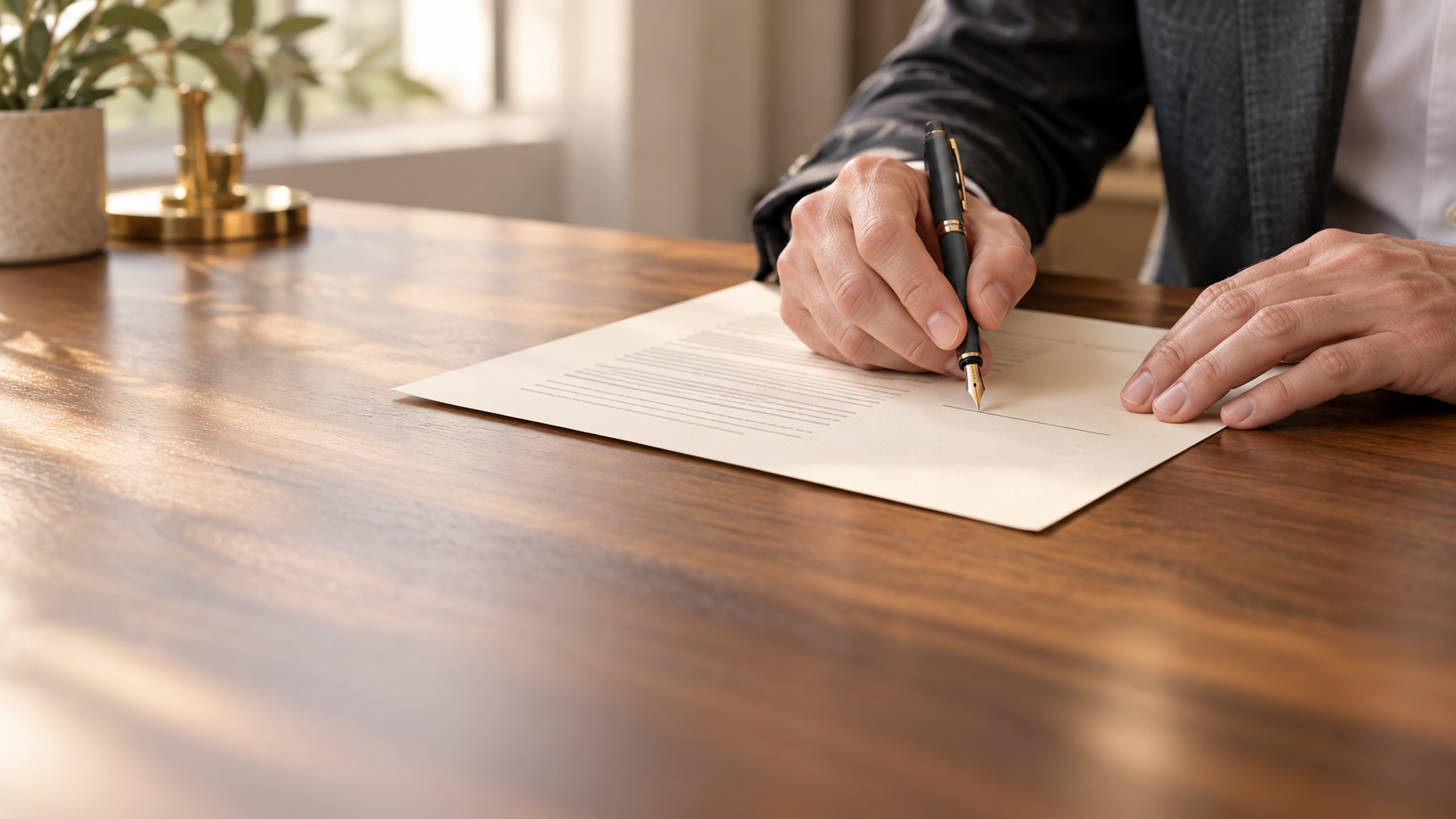 Hands holding a fountain pen above the signature line of a document on a walnut desk.