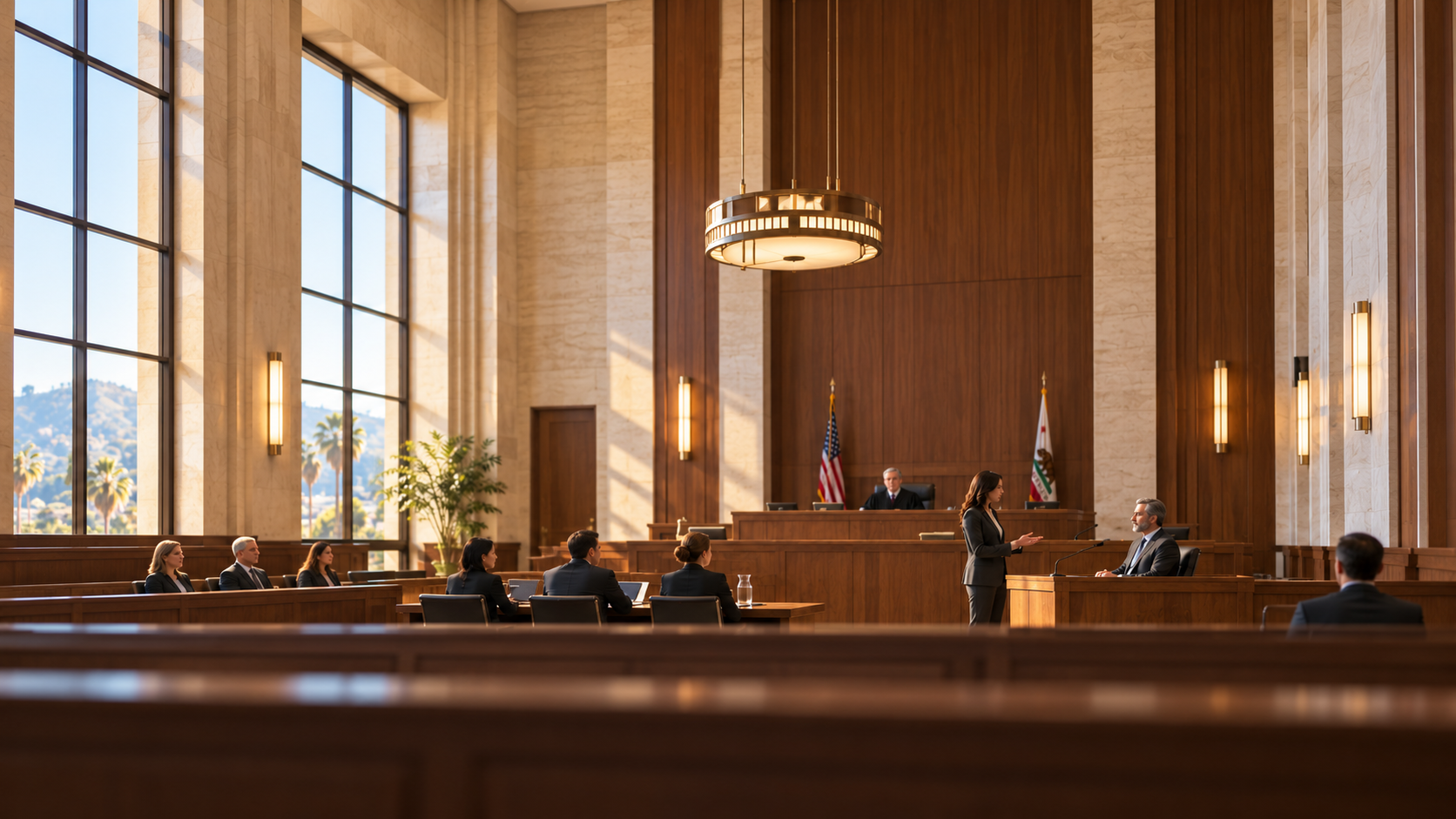Attorney questioning a seated witness in a warm wood courtroom while the judge listens.