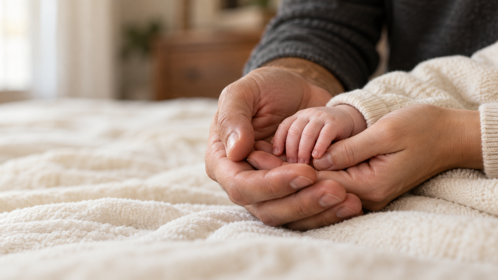 An infant’s hand resting in two adults’ hands on a cream blanket.