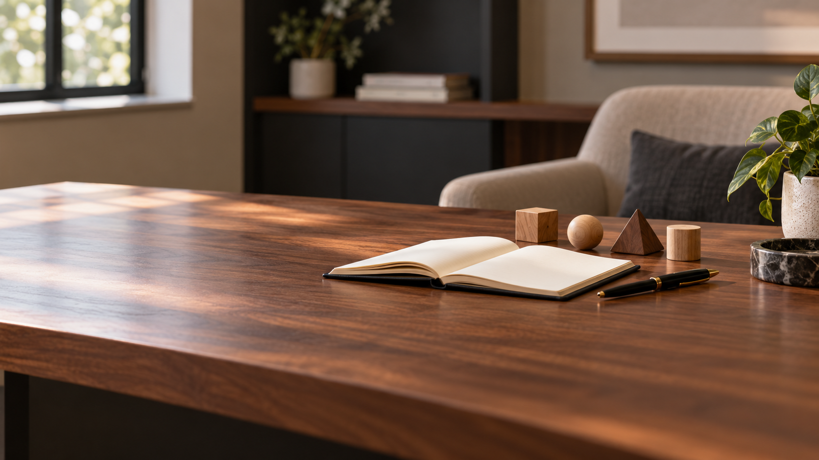 Open notebook, pen, and wooden geometric shapes on a walnut table in a quiet office.