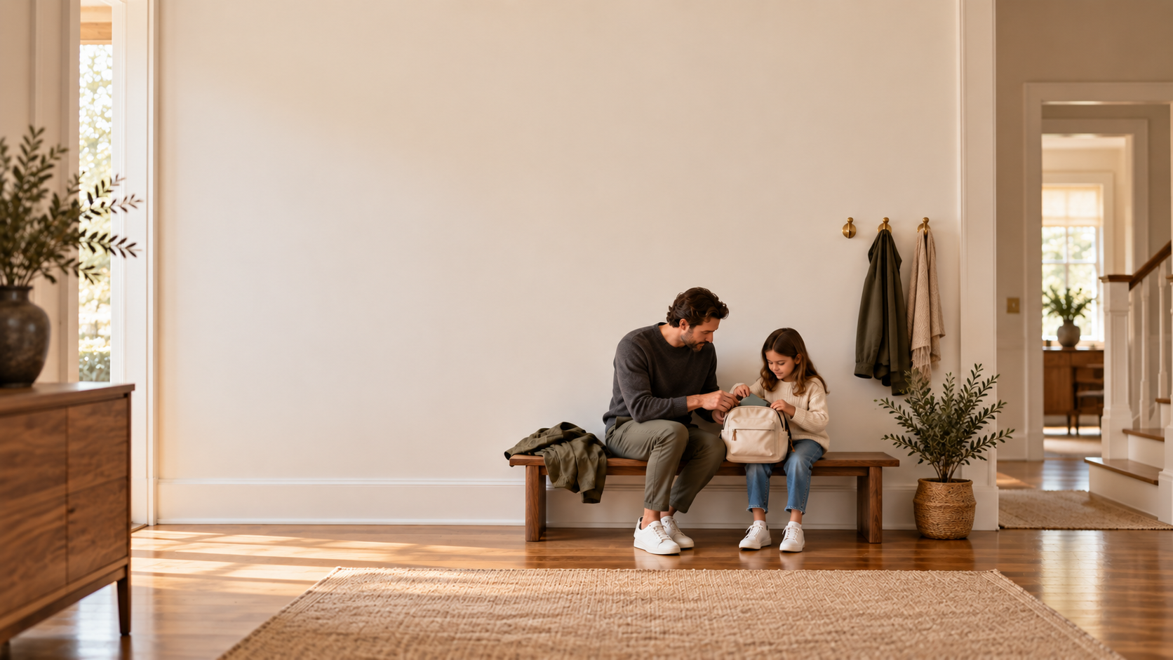 Father and child packing a school bag together on a wooden hallway bench.