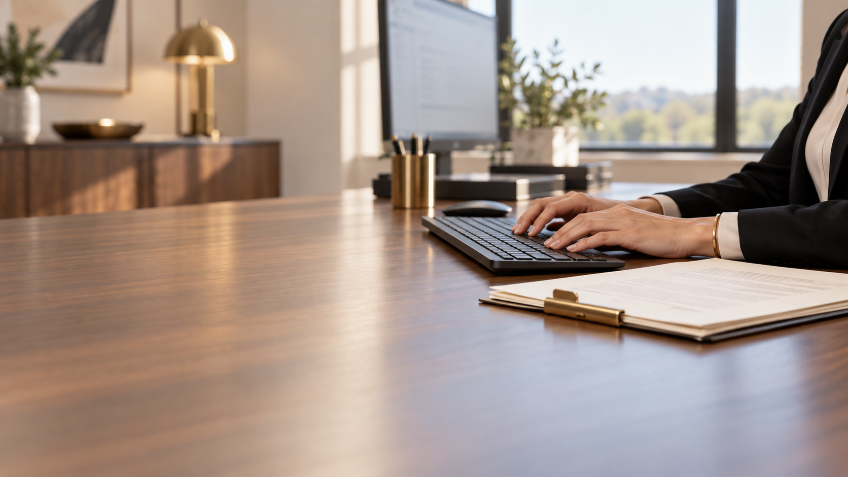 Hands typing on a keyboard beside clipped documents in a warmly lit office.