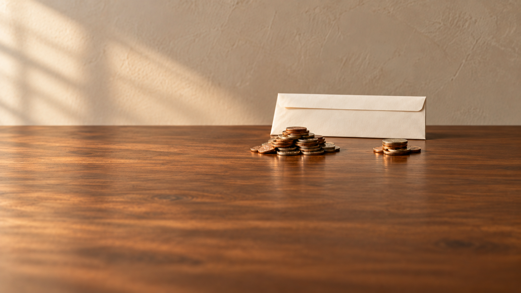 Cream envelope with two separate groups of coins on a walnut surface.