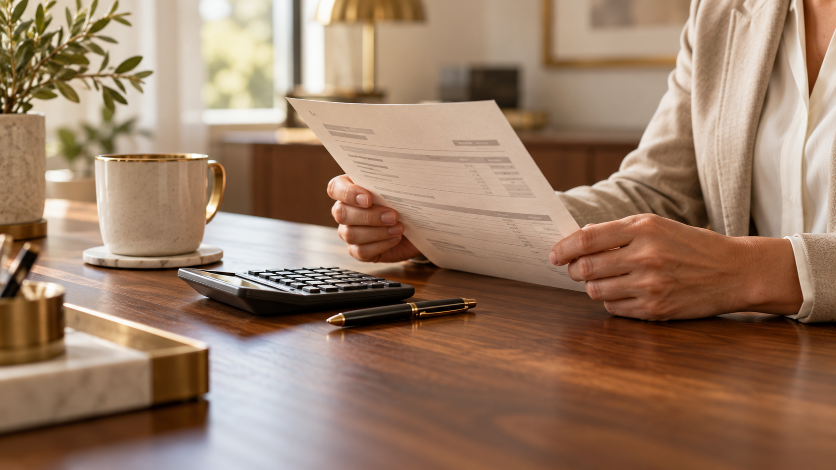 Hands reviewing a pay statement beside a calculator on a walnut desk.