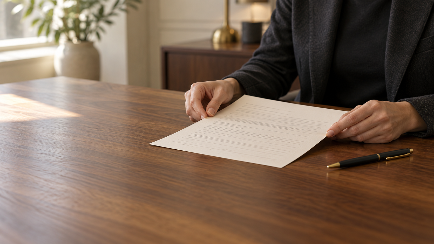 Hands holding a form for review, with a pen resting on a walnut table.