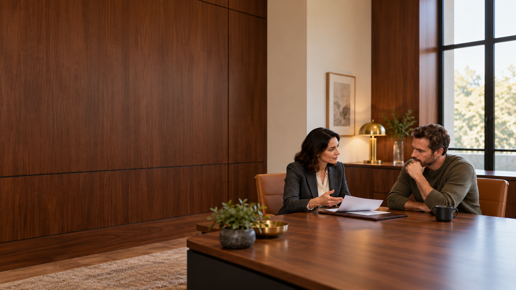 Woman explaining a document to a man during a quiet office consultation.