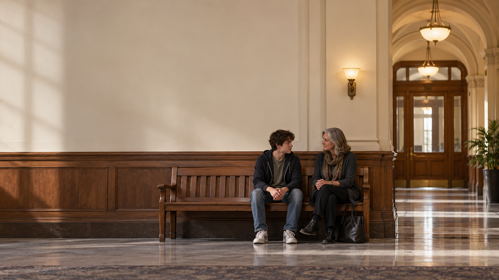 Teenager and an older woman speaking together on a wooden bench in a courthouse hallway.