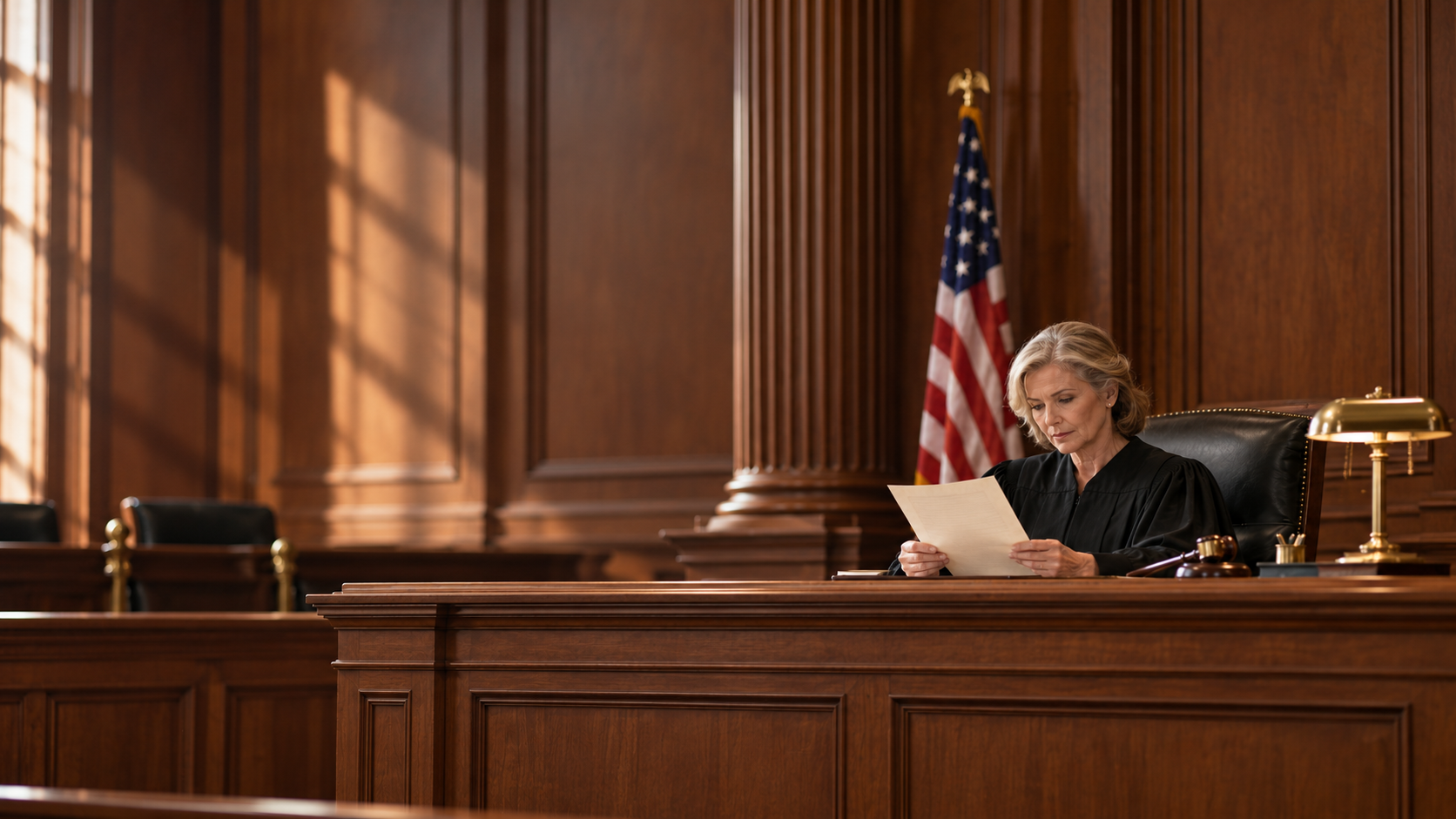 Judge in a black robe reviewing a document at a walnut courtroom bench.