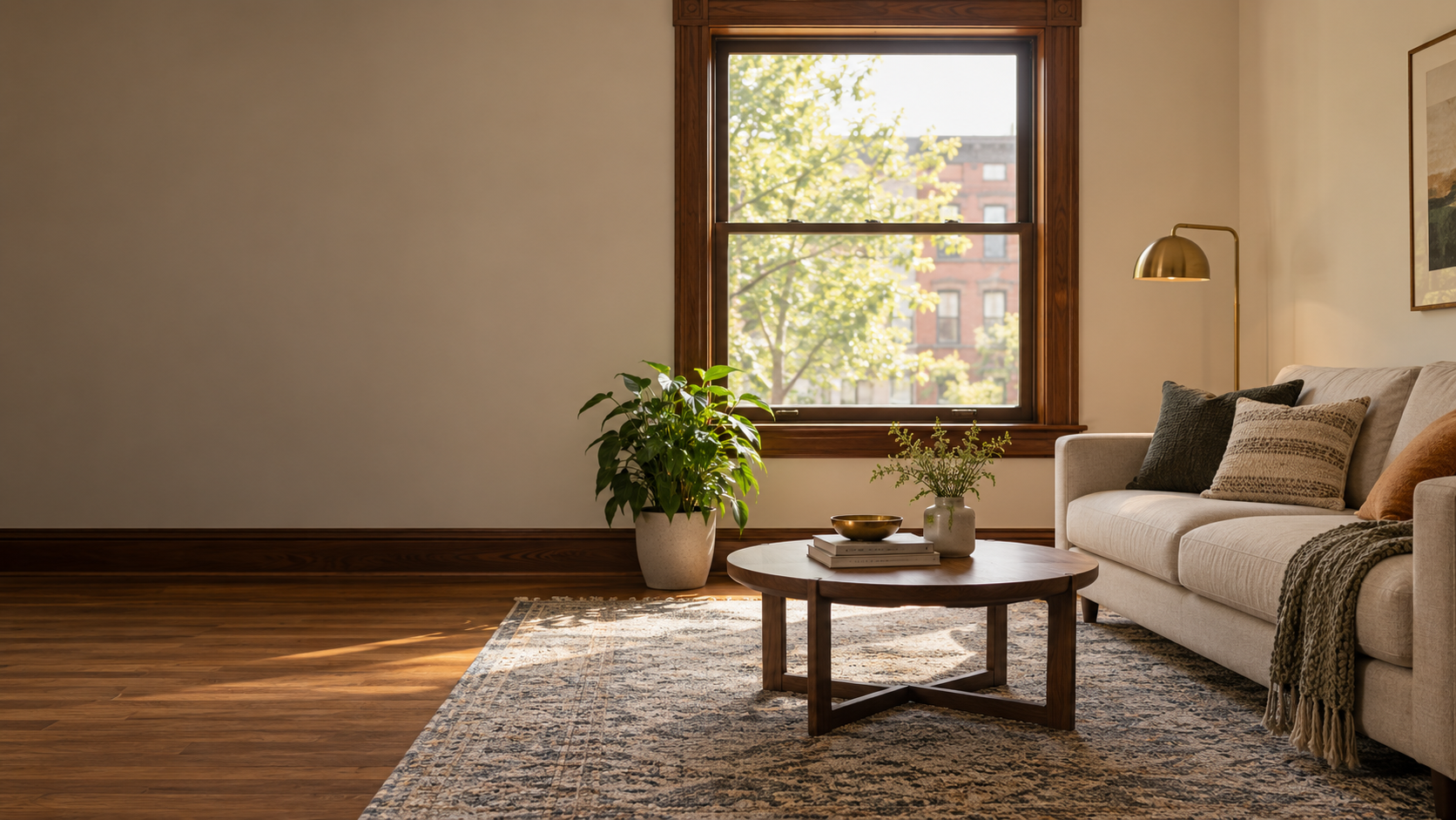 Sunlit apartment living room with a cream sofa, wood-framed window, and houseplants.
