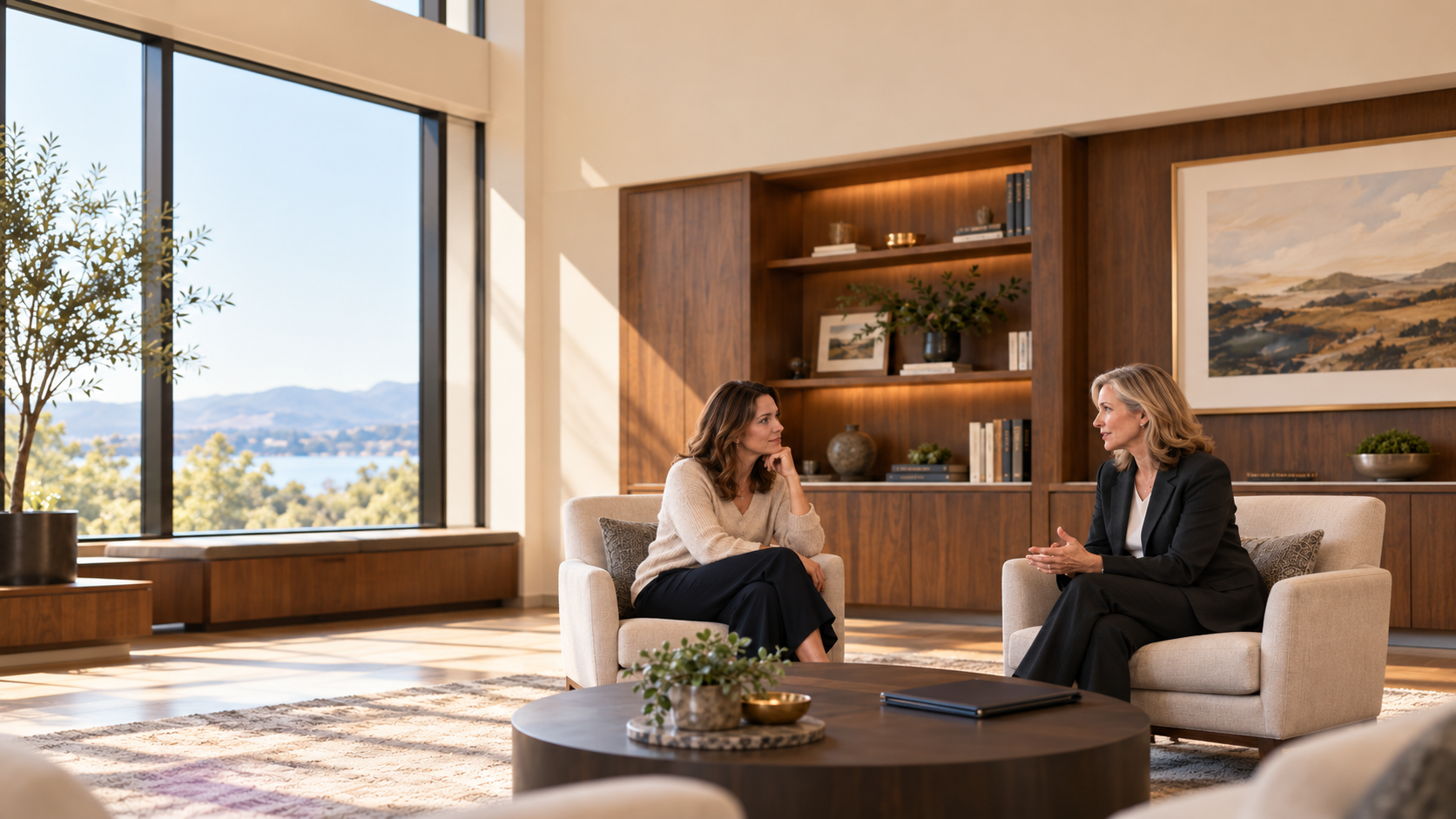 Two women seated in armchairs discussing a matter in a warmly lit office.