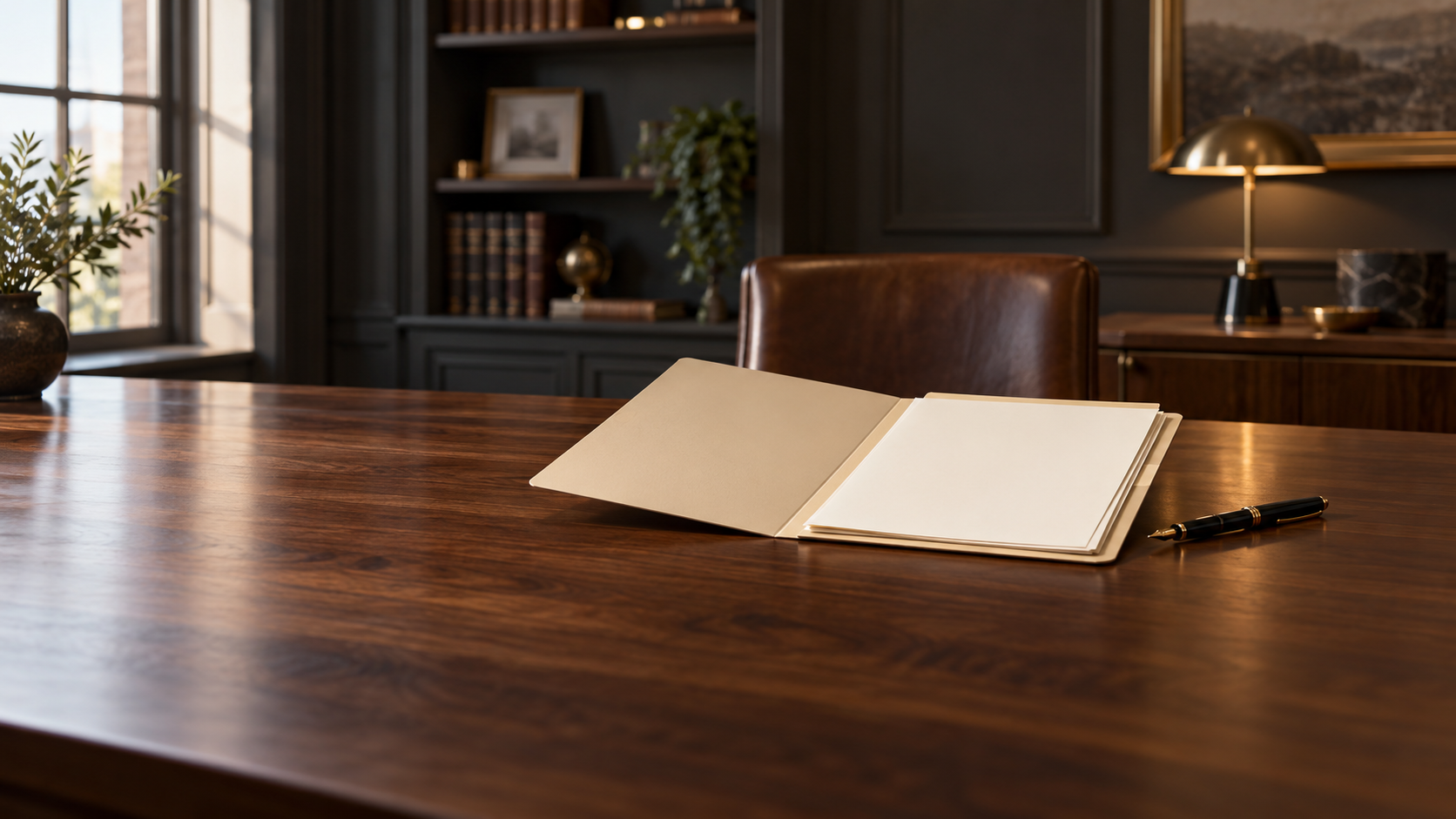 Open cream document folder and black fountain pen on a walnut desk.