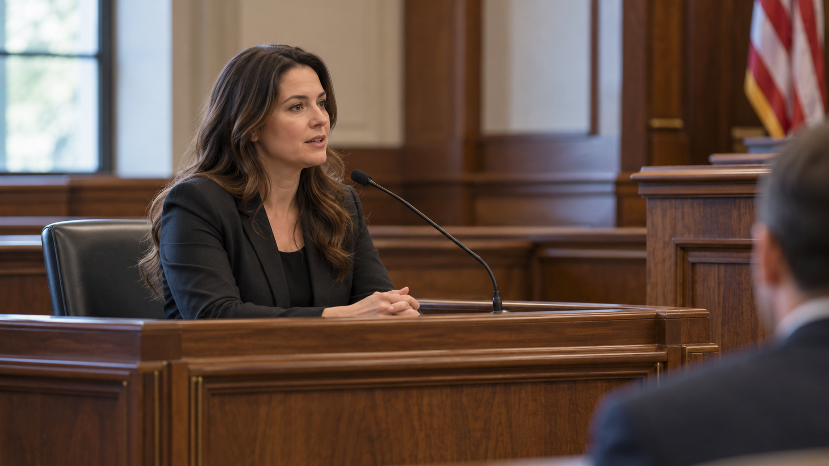Woman speaking into a microphone at a wooden witness stand in a courtroom.