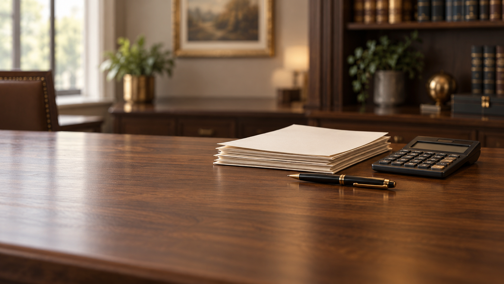Papers, a calculator, and a black pen arranged on a walnut desk.