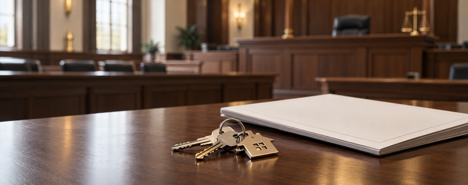House keys and a brass house keyring beside documents on a walnut desk, with a courtroom in the background.