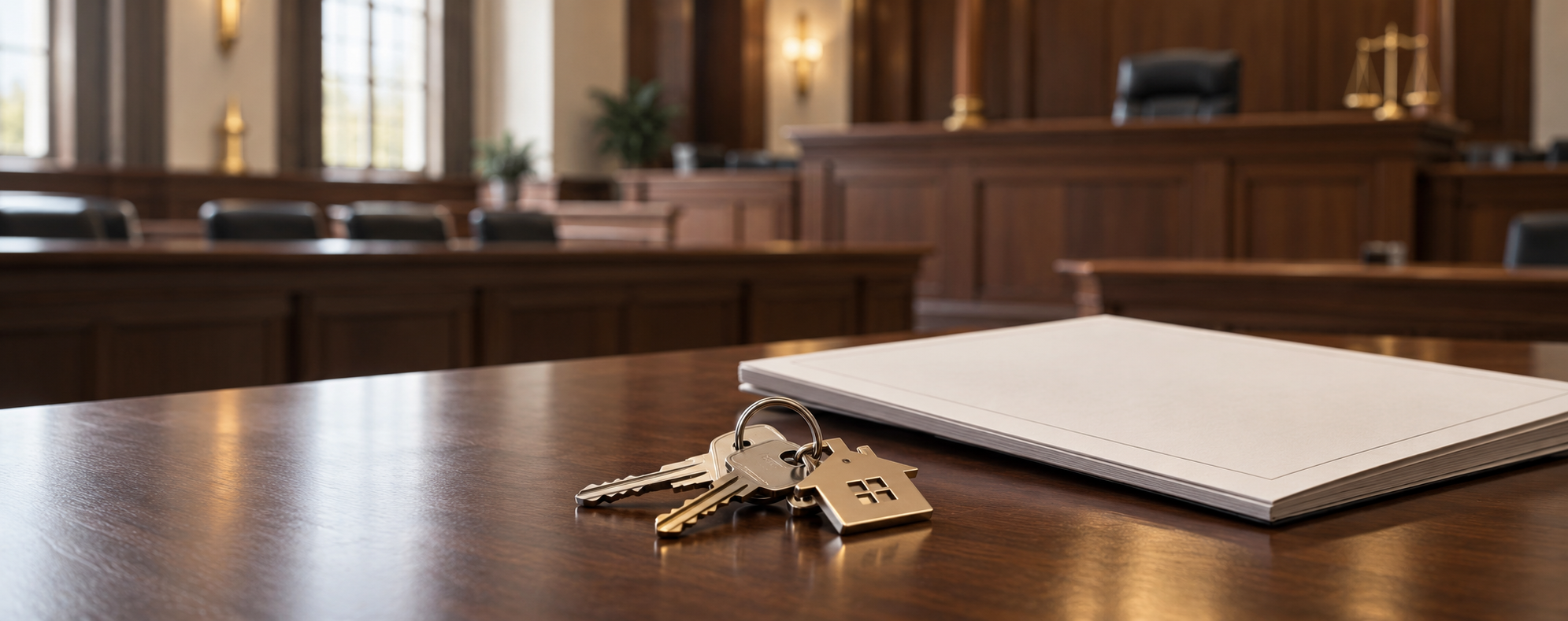 House keys and a brass house keyring beside documents on a walnut desk, with a courtroom in the background.