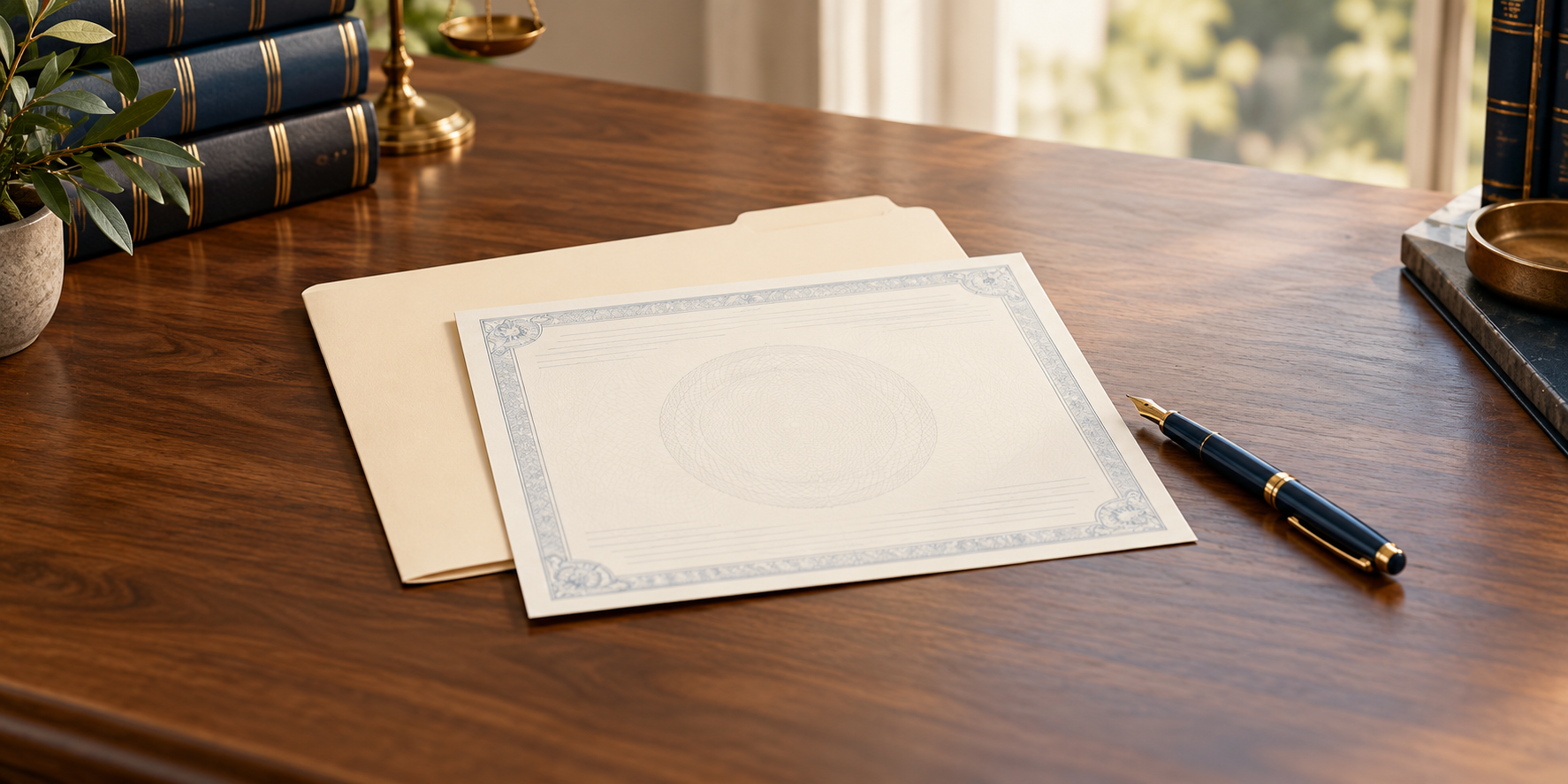 A blank decorative certificate, cream folder, and navy pen on a wooden desk.