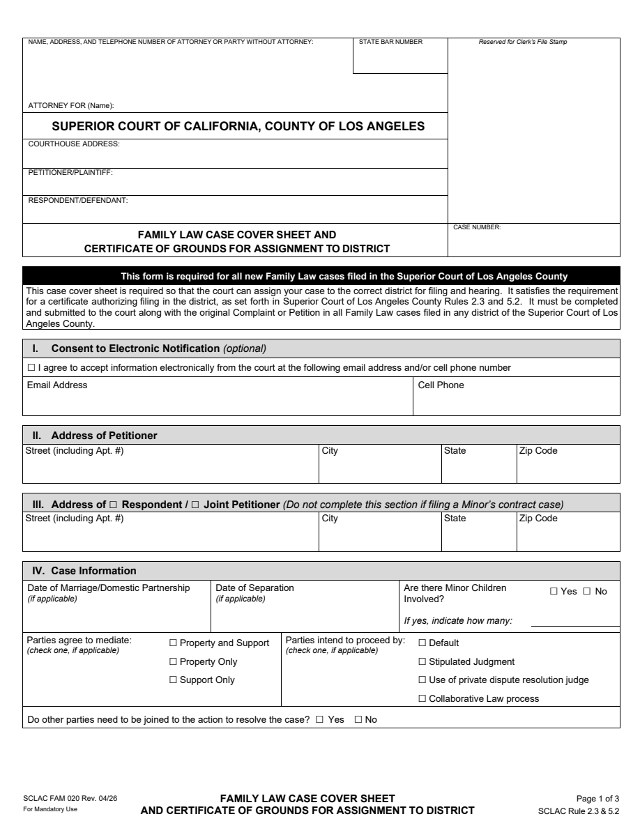 First-page preview of Family Law Case Cover Sheet and Certificate of Grounds for Assignment to District (FAM-020). Download the PDF to read the complete form.
