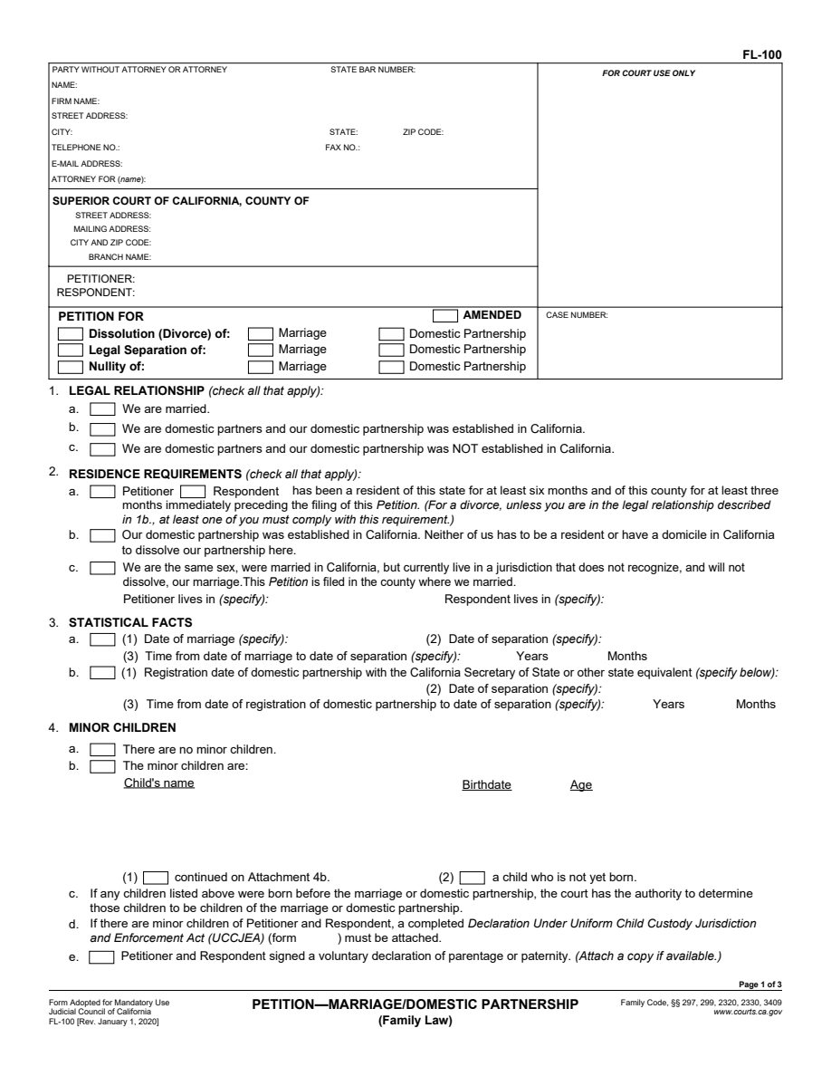 First-page preview of Petition for Dissolution (FL-100). Download the PDF to read the complete form.