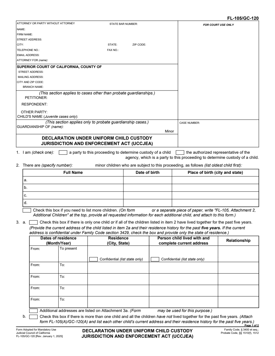 First-page preview of Declaration Under UCCJEA (FL-105). Download the PDF to read the complete form.