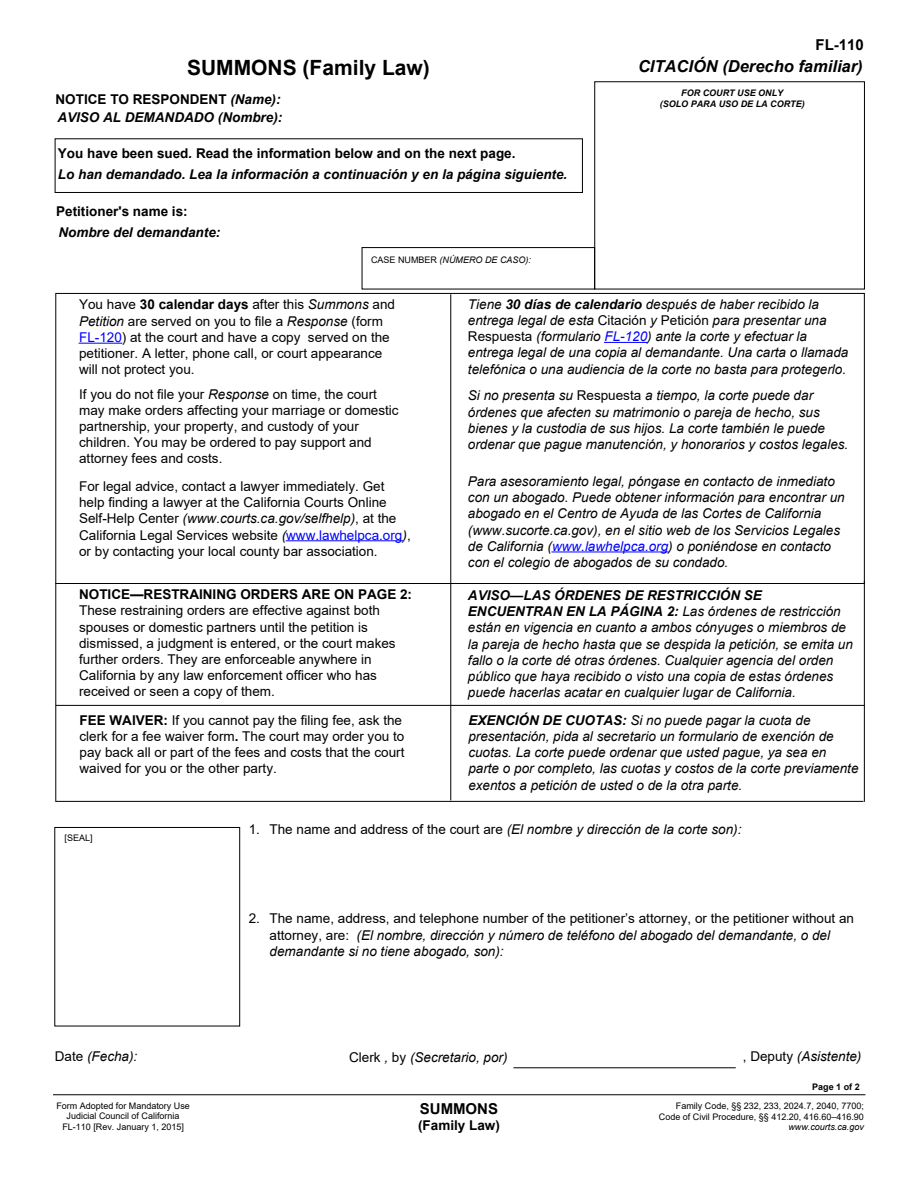First-page preview of Summons (FL-110). Download the PDF to read the complete form.