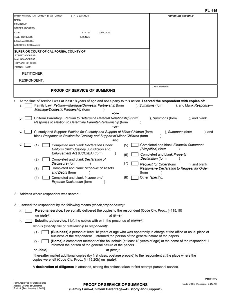 First-page preview of Proof of Service of Summons (FL-115). Download the PDF to read the complete form.