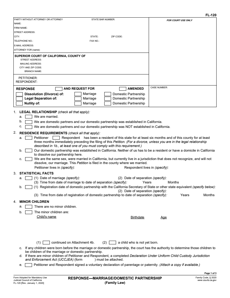 First-page preview of Response to Marriage or Domestic Partnership Petition (FL-120). Download the PDF to read the complete form.