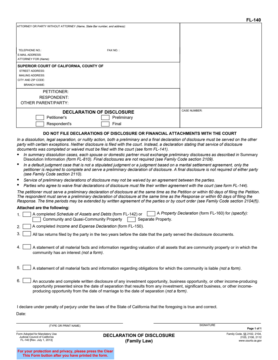First-page preview of Declaration of Disclosure (FL-140). Download the PDF to read the complete form.