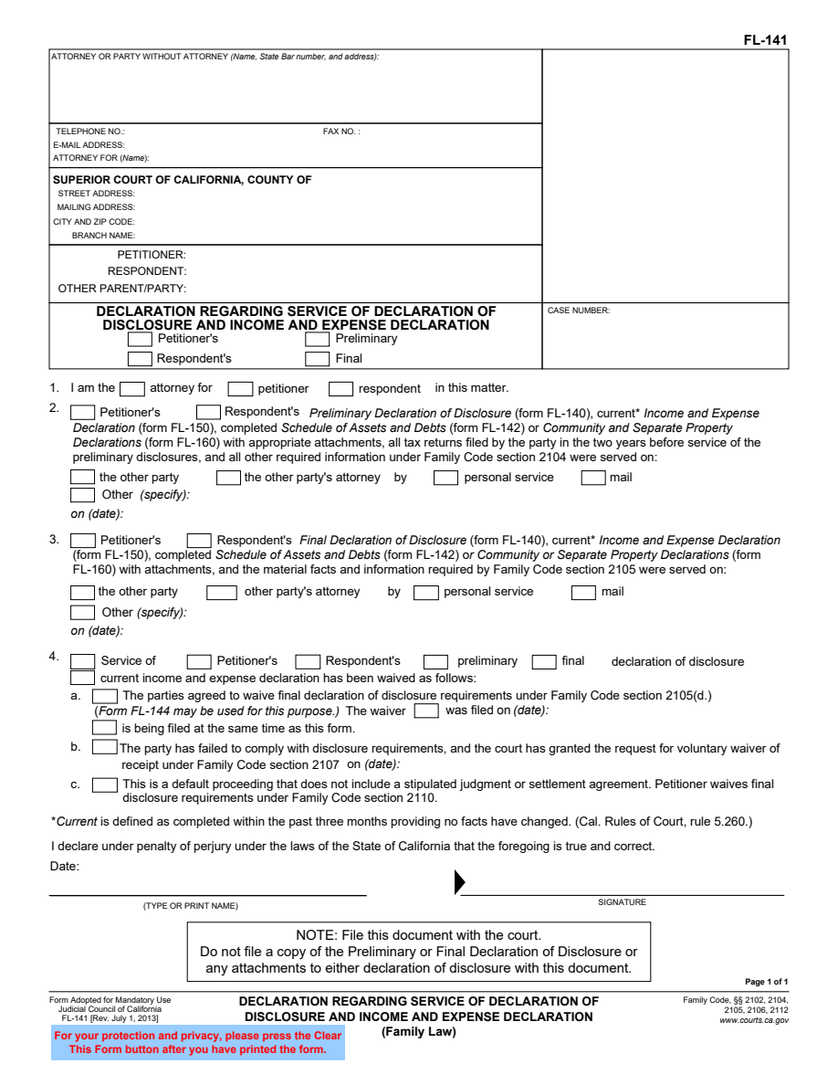 First-page preview of Declaration Regarding Service of Declaration of Disclosure and Income and Expense Declaration (FL-141). Download the PDF to read the complete form.