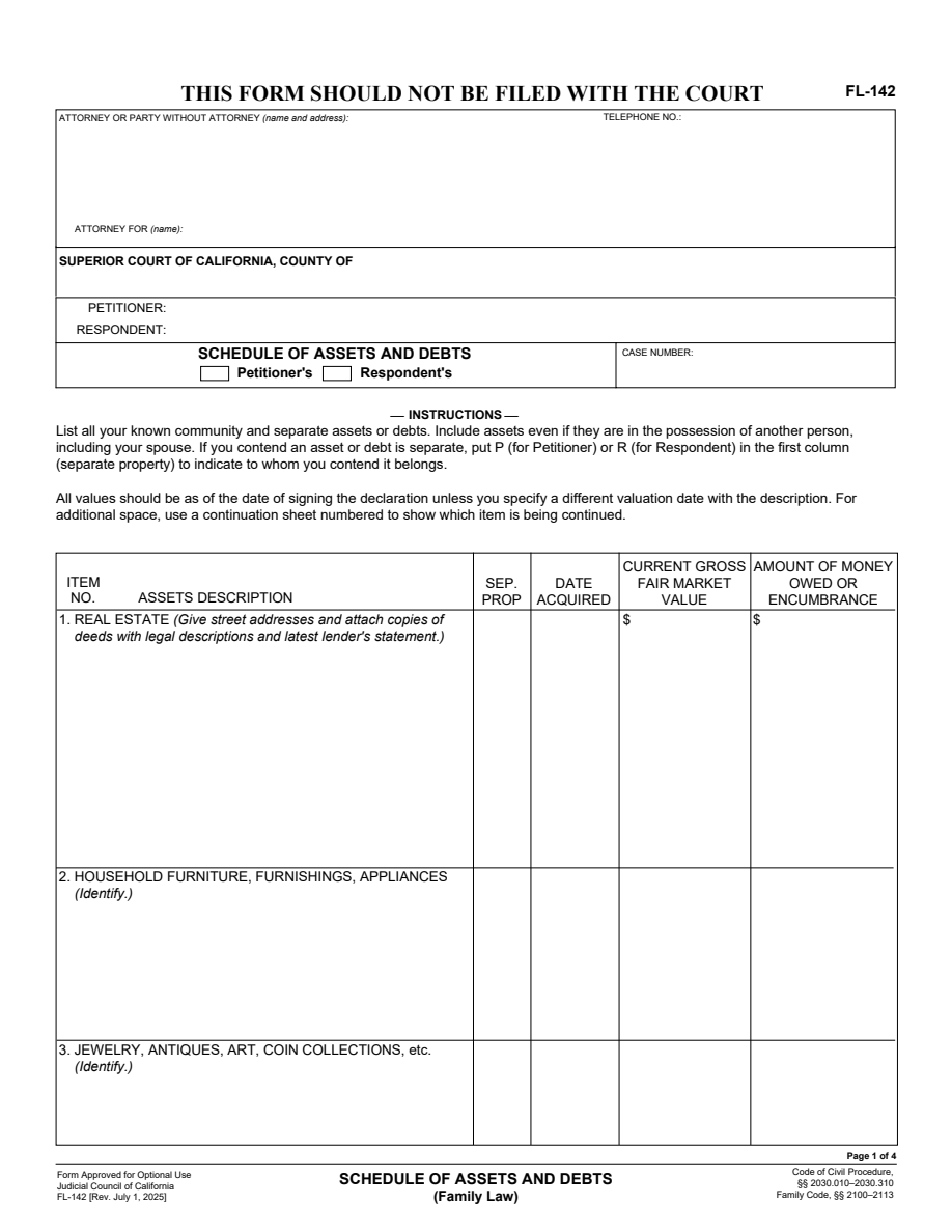 First-page preview of Schedule of Assets and Debts (FL-142). Download the PDF to read the complete form.