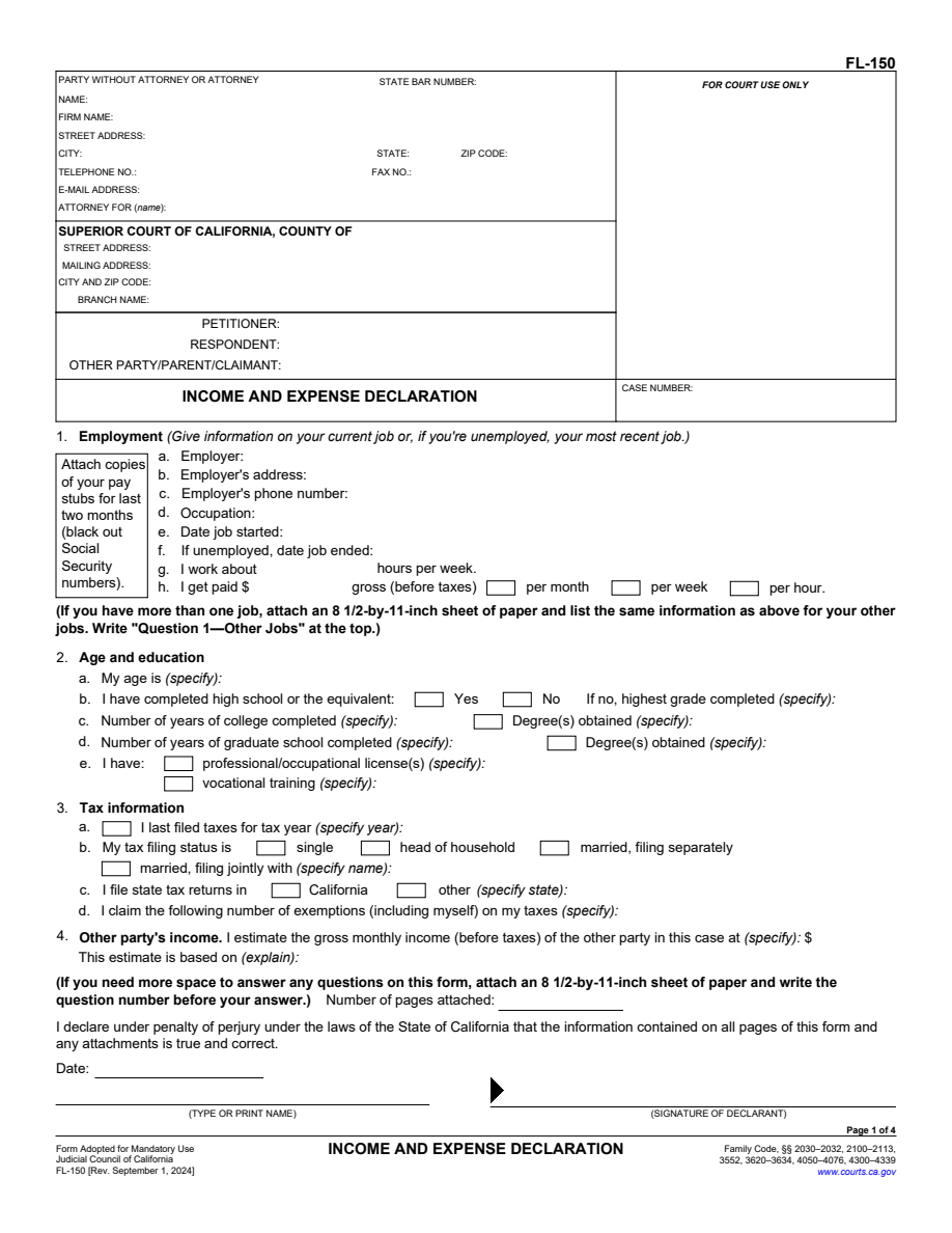 First-page preview of Income and Expense Declaration (FL-150). Download the PDF to read the complete form.