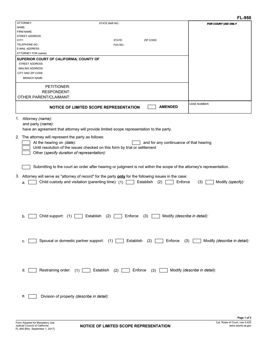 First-page preview of Notice of Limited Scope Representation (FL-950). Download the PDF to read the complete form.
