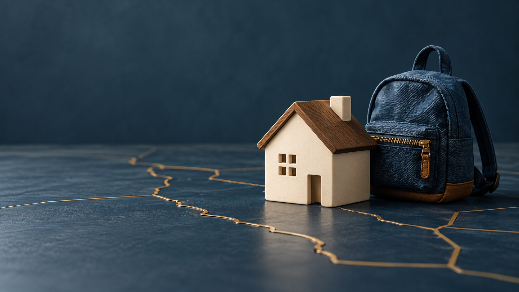 A small ivory house with a walnut roof beside a blue backpack on a blue surface with brass map lines.