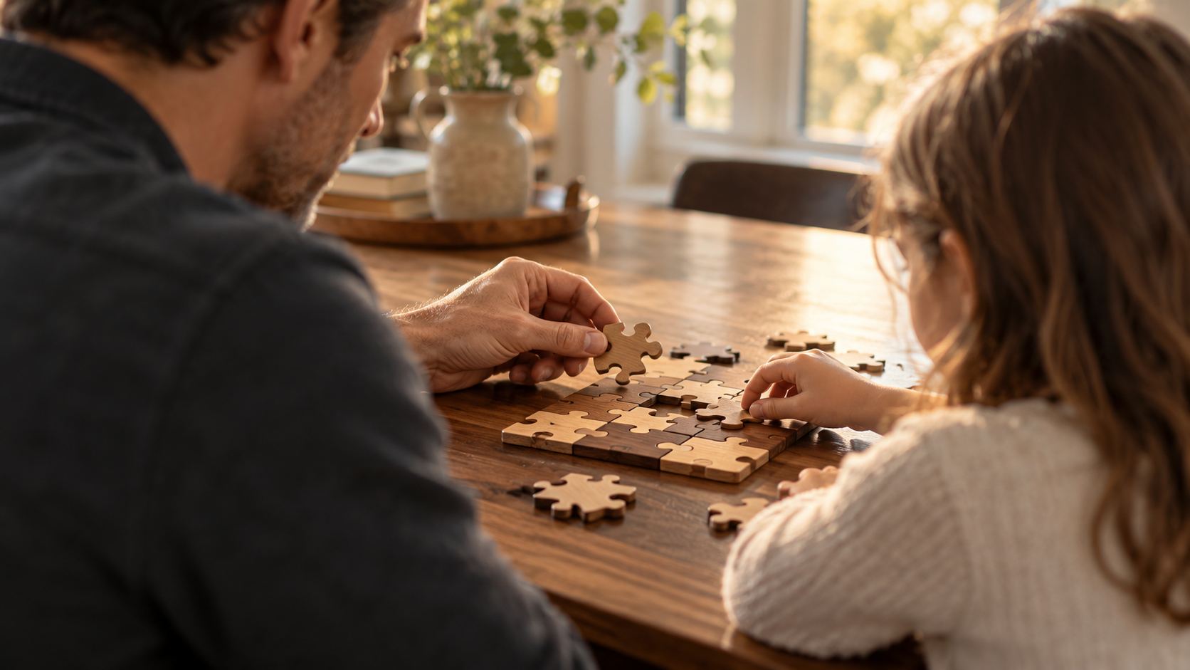 Parent and child putting together a wooden puzzle at a sunlit table.